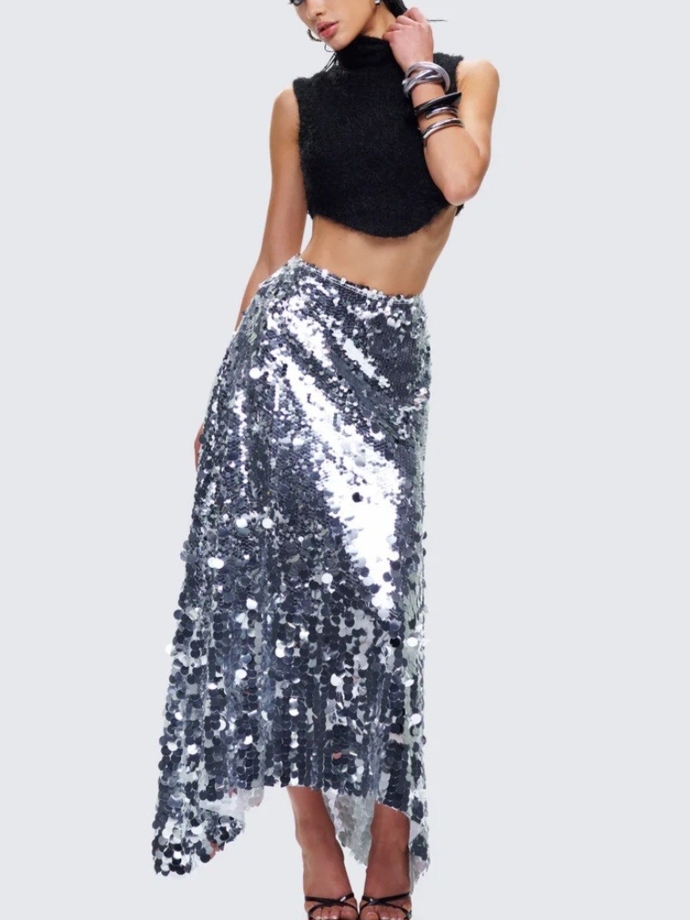 Finesse Wyn Metallic Silver Sequin Maxi Skirt Size Large